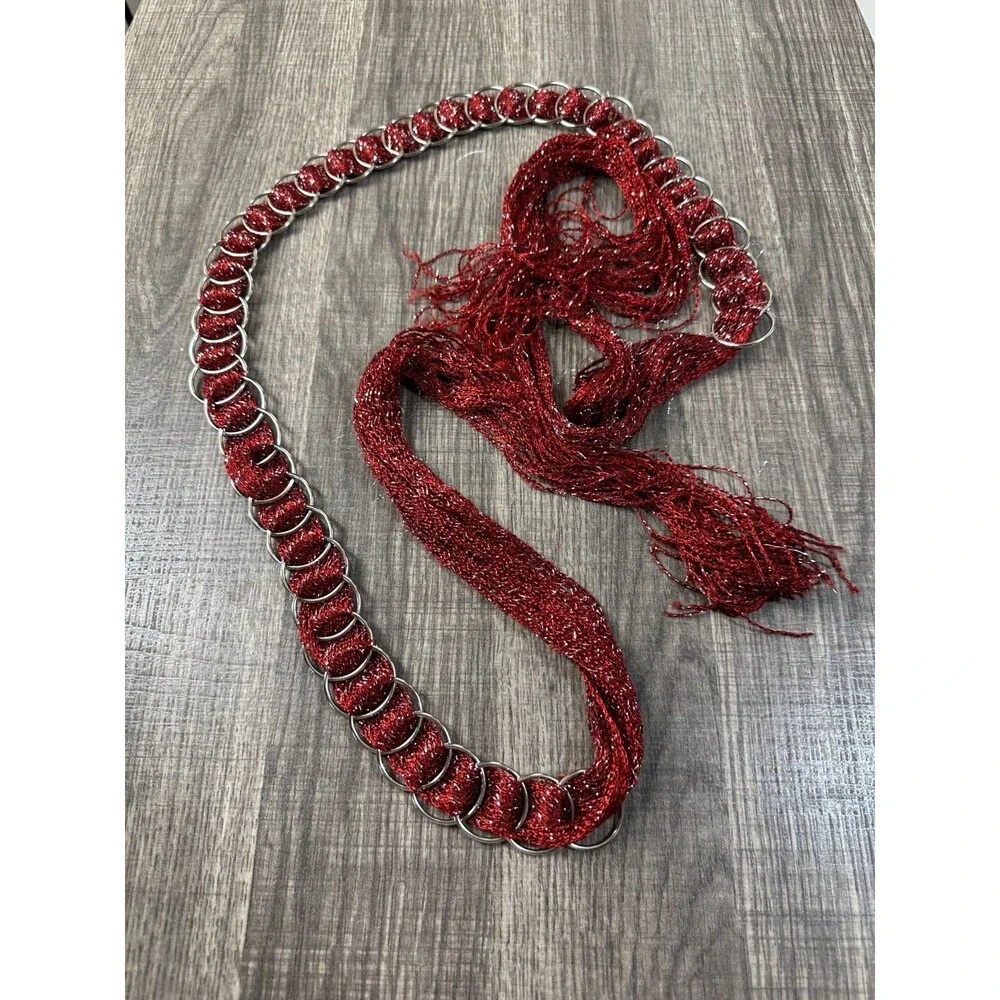 Women's Belt 60in Long Silver Rings Burgundy and Silver Metallic Fabric Tie Belt